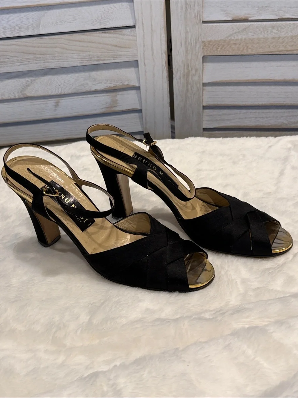 Bruno Magli Black Satin Crisscross Peep Toe Slingback Heels